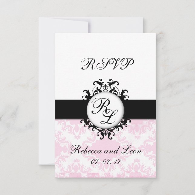 Chic Initials Pink Damask Wedding RSVP Card Karte (Vorderseite)
