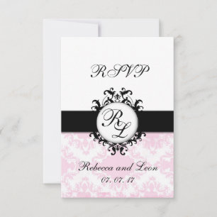 Chic Initials Pink Damask Wedding RSVP Card Karte