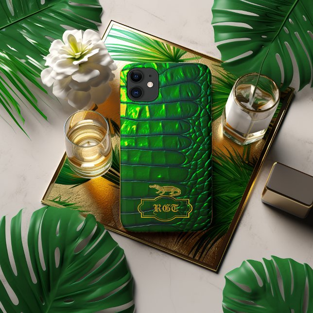 Chic Iridescent Green Imitats Krokodile Mit Monogr Case-Mate iPhone Hülle (Chic iPhone Case Cover in Faux Vivid Green Crocodile )