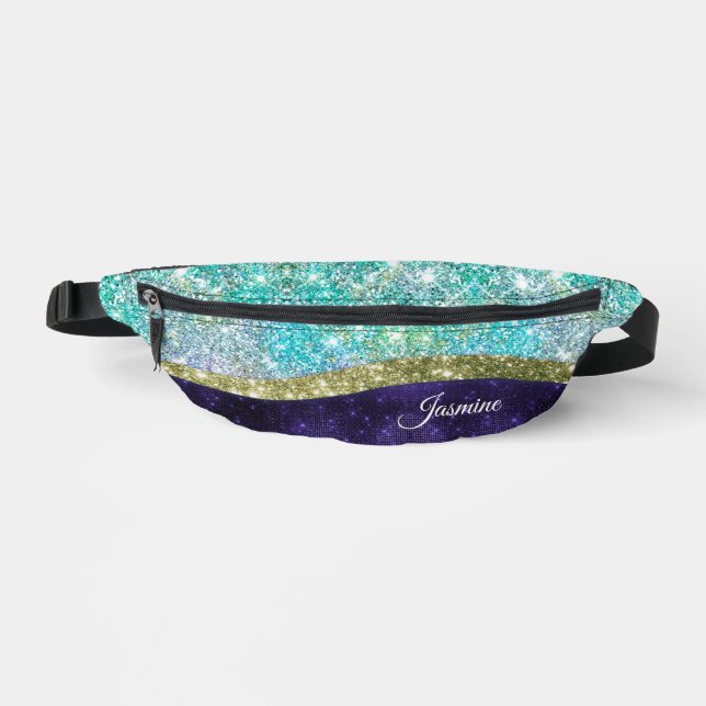 Chic iridescent lila Blue Imitats Glitzer Monogram Bauchtasche (Vorderseite)