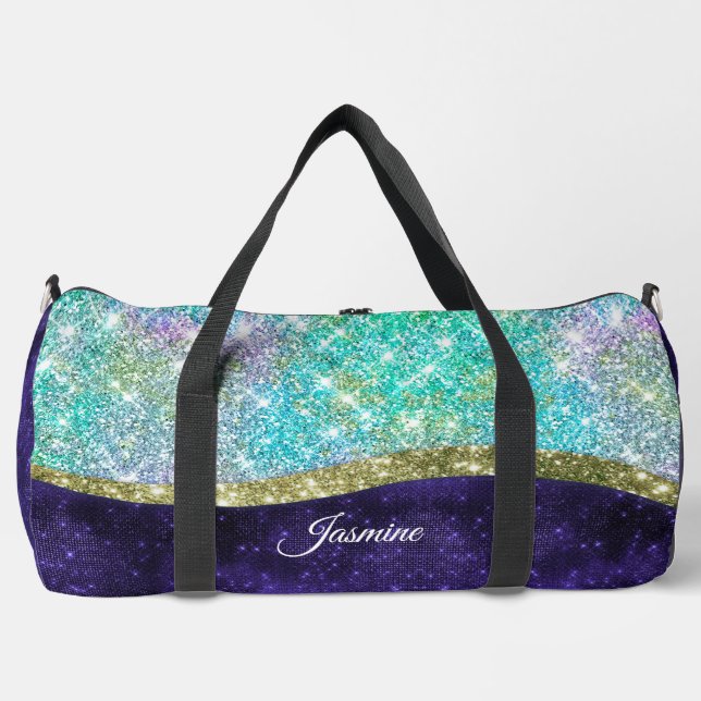 Chic iridescent lila Blue Imitats Glitzer Monogram Duffle Bag (Vorderseite)