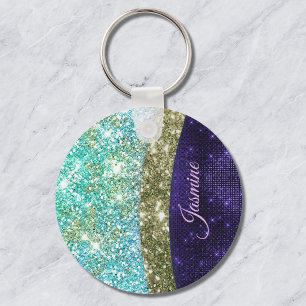 Chic iridescent lila Blue Imitats Glitzer Monogram Schlüsselanhänger