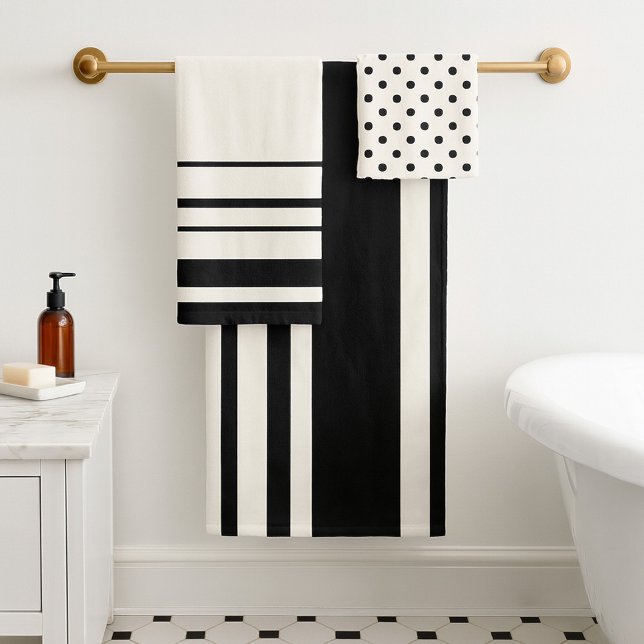 Chic ivoire noir rayures Pois (A classic bathroom towel set in ivory and chic black with stripes and polka dots)