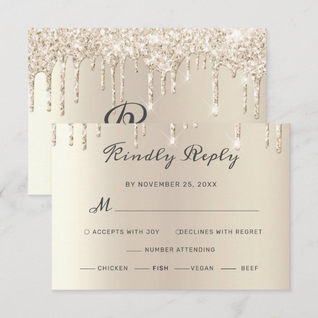 Chic Ivory Dripping Glitzer Elegante Script Weddin RSVP Karte (Vorne/Hinten)