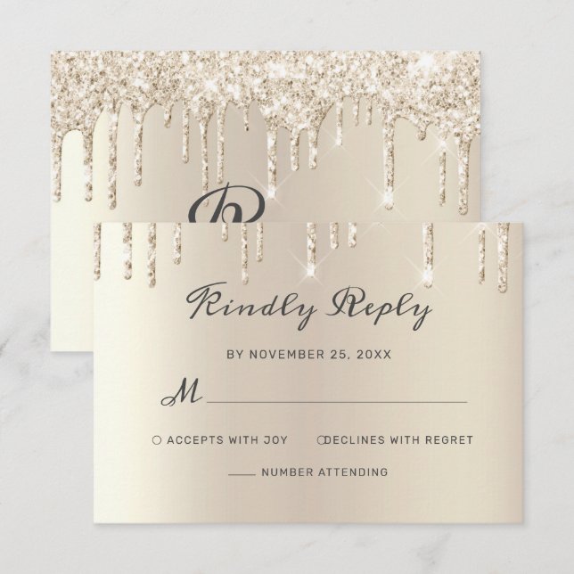 Chic Ivory Dripping Glitzer Elegante Script Weddin RSVP Karte (Vorne/Hinten)