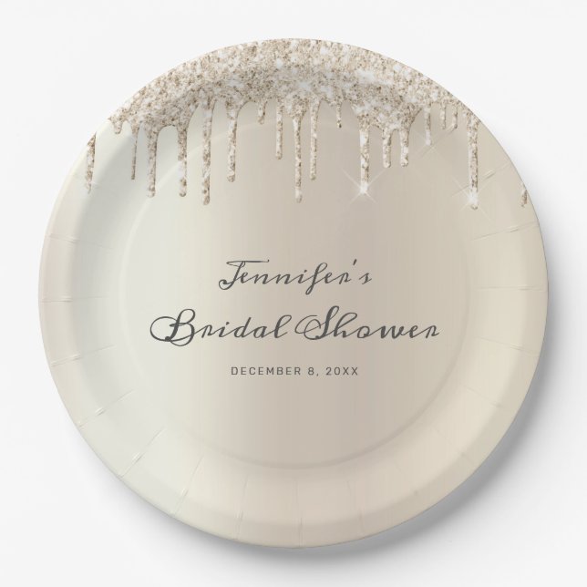 Chic Ivory Glitzer Tropfen Script Brautparty Pappteller (Vorderseite)