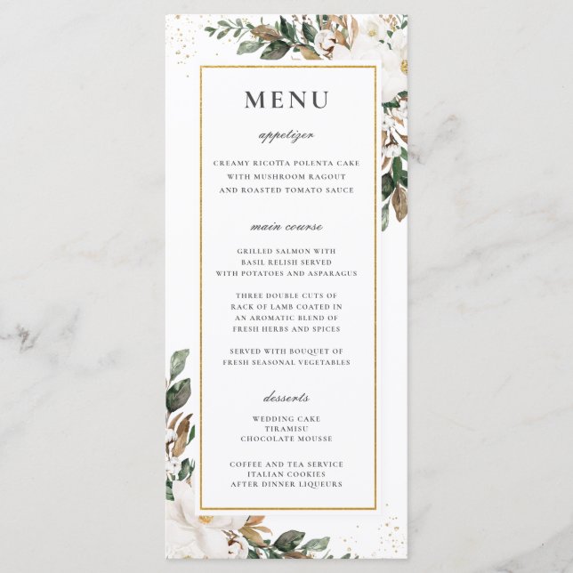 Chic Ivory Magnolia Floral Green Menu Mariage (Devant)