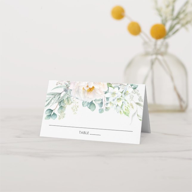 Chic Ivory Peony White Floral Eucalyptus Wedding Platzkarte (Vorderseite)