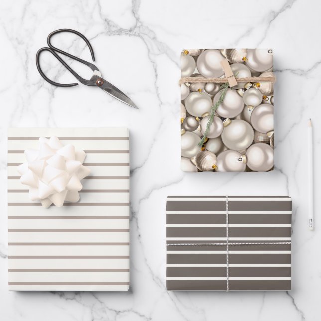 Chic Ivory Silver Gold Baubles Ziermuster Geschenkpapier Set (Vorderseite)