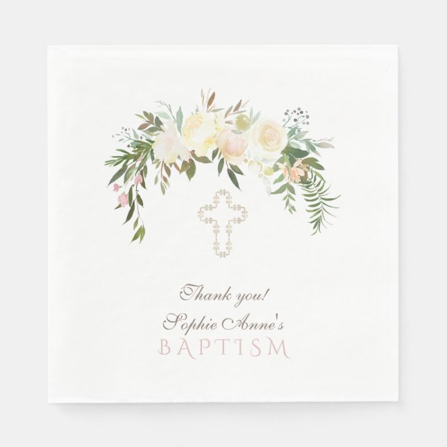 Chic Ivory Watercolor Floral Taufe Serviette (Vorderseite)