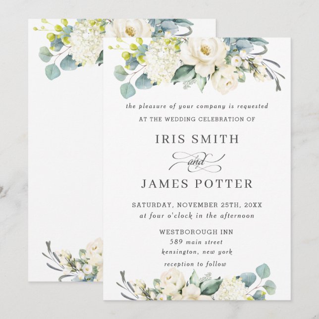 Chic Ivory White Floral Greenerity Wedding Einladung (Vorne/Hinten)