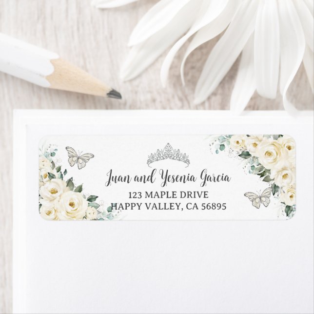 Chic Ivory White Floral Quinceanera Rücksendeadres (Insitu)