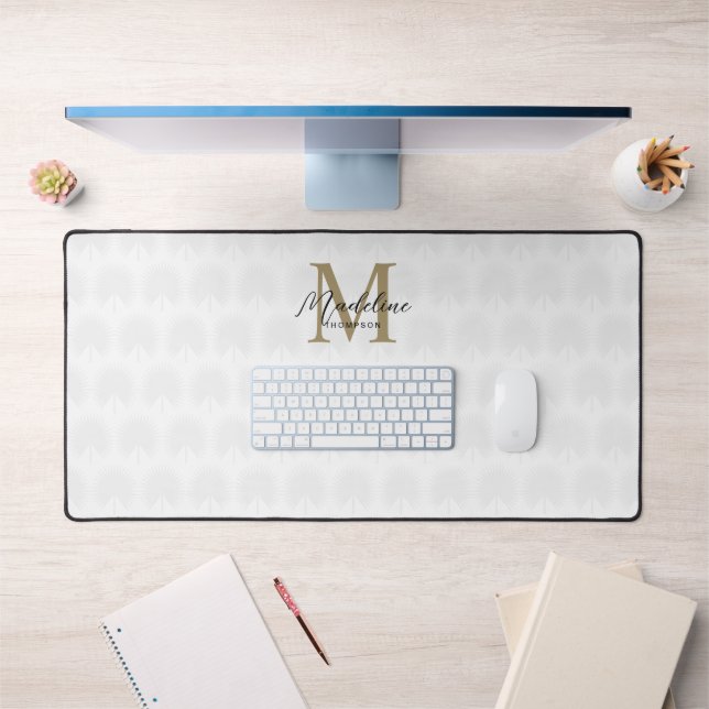 Chic Ivory White Gold Anahaw Leaf Script Monogram Schreibtischunterlage (Büro 1)