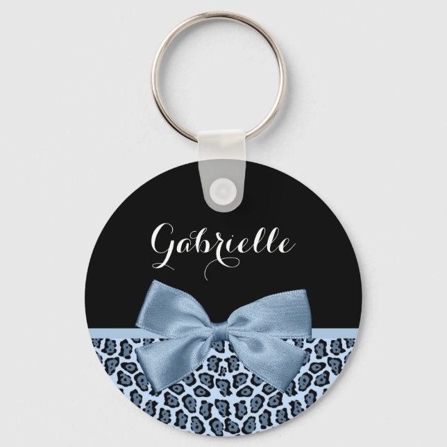 Chic Jaguar Print Light Blue Bow mit Namen Schlüsselanhänger (Vorderseite)