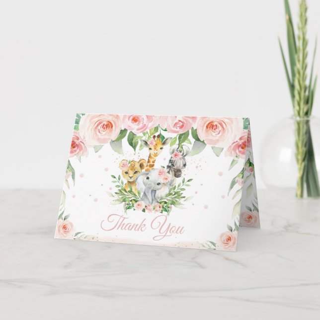 Chic Jungle Animals Blush Pink Floral Baby Dusche Dankeskarte (Vorderseite)