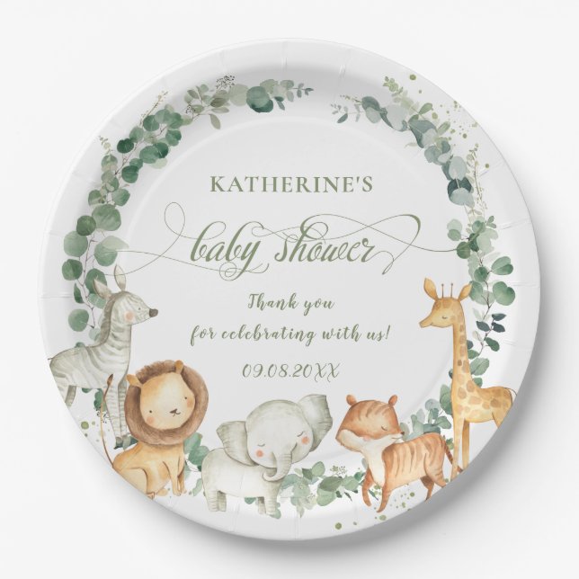 Chic Jungle Animals Greeneral Neutral Baby Dusche  Pappteller (Vorderseite)