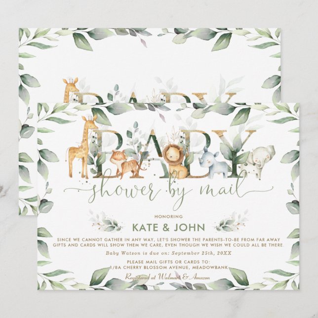 Chic Jungle Animals Greenerity Baby Shower by Mail Einladung (Vorne/Hinten)