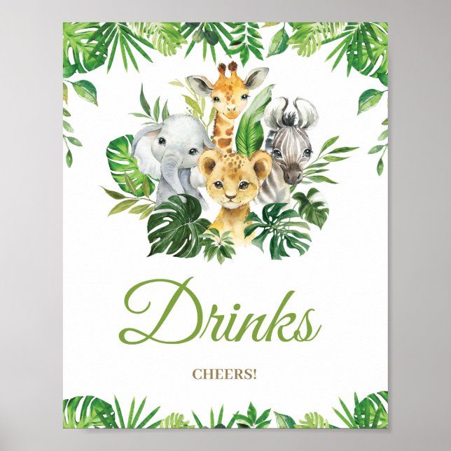 Chic Jungle Animals Greenery Baby Shower Drinks Poster (Vorne)