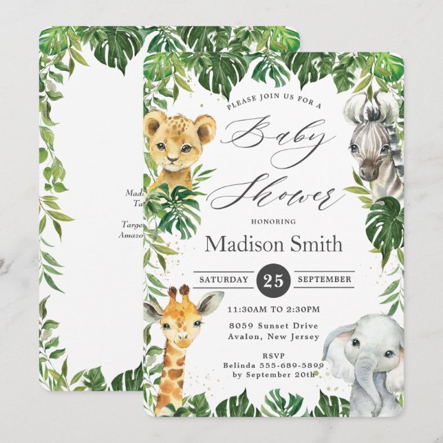 Chic Jungle Animals Greenery Safari Baby Dusche Einladung (Vorne/Hinten)