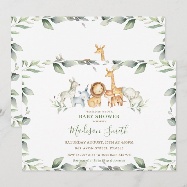 Chic Jungle Animals Pastel Greenery Baby Dusche Einladung (Vorne/Hinten)