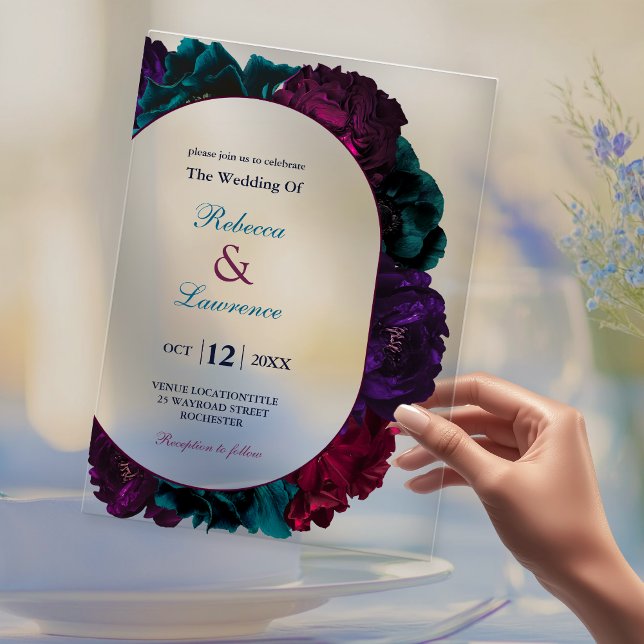 Chic Juwel Töne navy burgundy Blumen Hochzeit Acryleinladungen (Von Creator hochgeladen)