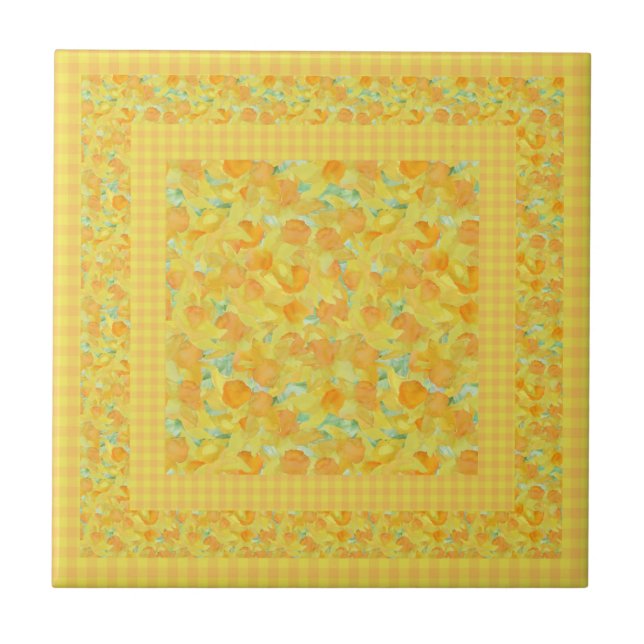 Chic Keramik Tile, Golden Daffodien, Karo Gingham Fliese (Vorderseite)