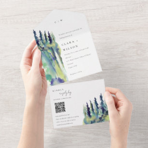 Chic-Kiefer-Berglandschaft-Hochzeits-QR-Code All In One Einladung