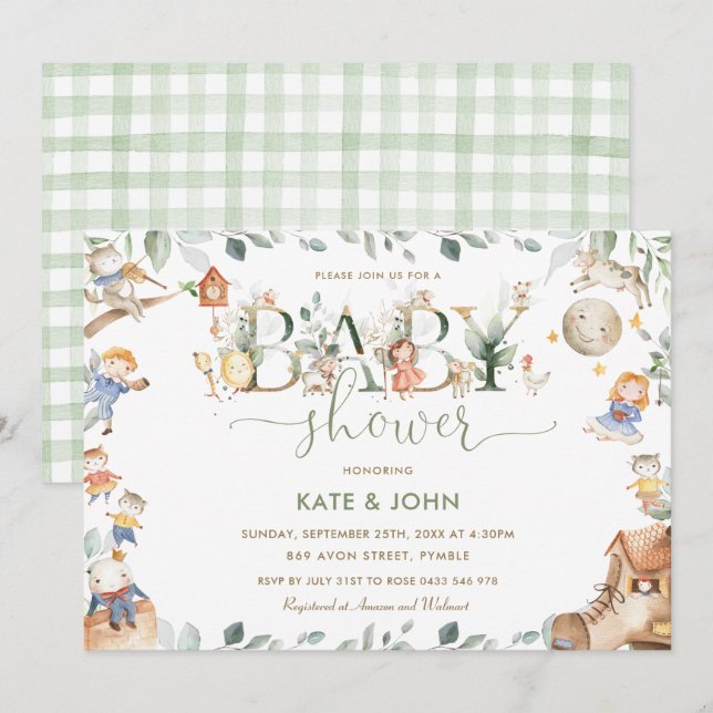 Chic Kinderzimmer Rhyme Greenery Baby Dusche Neutr Einladung (Vorne/Hinten)