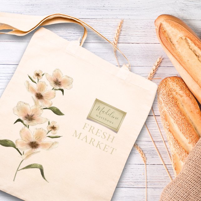 Chic Kitchen Rezept Frische Markt Vintag Tragetasche (Shabby chic vintage floral kitchen recipe fresh market grocery tote bag with script typography)