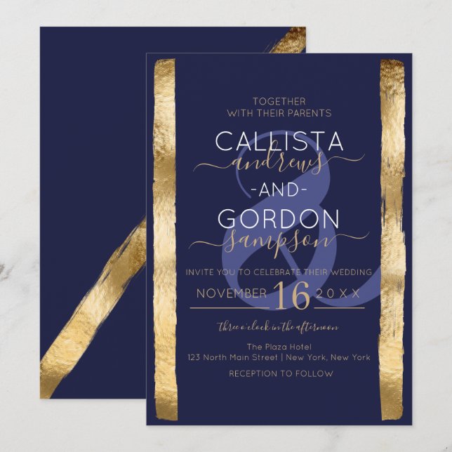 Chic Künstlerisch Navy Gold Pinselstriche Hochzeit Einladung (Vorne/Hinten)