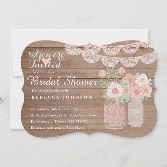 Chic Lace Mason Jar & Wood Brautparty Einladung (Vorderseite)