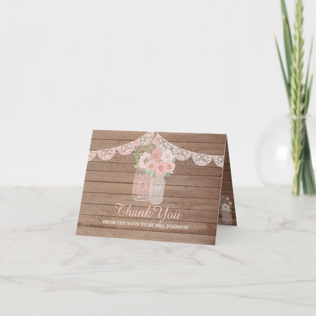 Chic Lace Mason Jar & Wood Brautparty Vielen Dank Dankeskarte (Vorderseite)