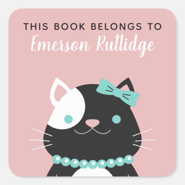 Chic Lady Cat | Rosa Dieses Buch gehört Quadratischer Aufkleber (Vorderseite)