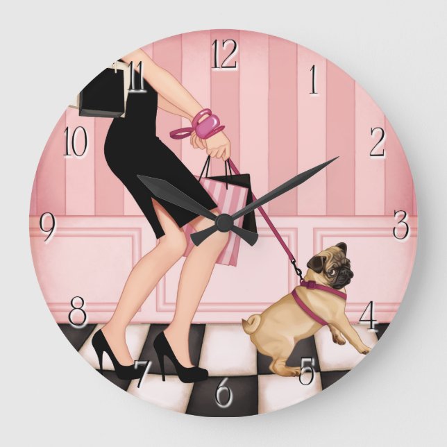 Chic lady walking her pug große wanduhr (Vorderseite)