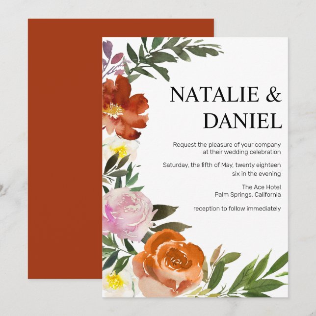 Chic Large Burnt Orange , Pink Floral Wedding Einladung (Vorne/Hinten)