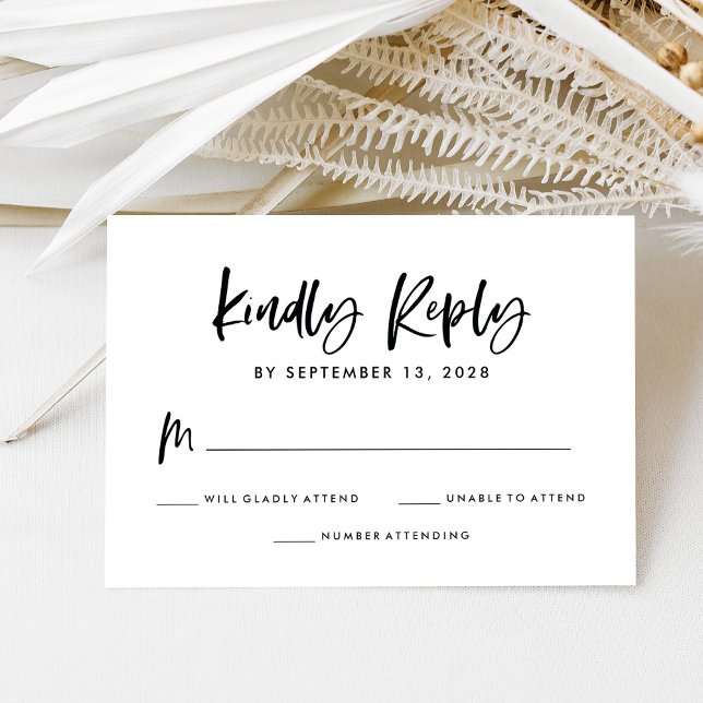 Chic Lässig Script | Schwarz-Weiß-Hochzeit RSVP Karte (Von Creator hochgeladen)