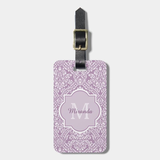 Chic-Lavendel-lila Damast-Monogramm mit Namen Gepäckanhänger (Vorderseite vertikal)