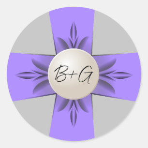 Chic Lavender & Gray Monogram Pearl Ribbon Wedding Runder Aufkleber