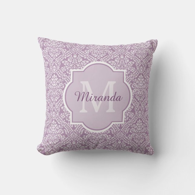 Chic Lavender Lila Damask Monogram mit Name Kissen (Vorderseite)