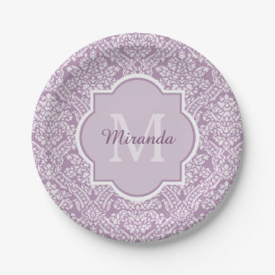 Chic Lavender Lila Damask Monogram mit Name Pappteller