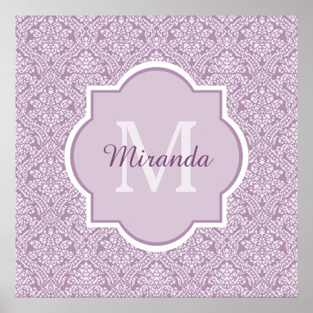 Chic Lavender Lila Damask Monogram mit Name Poster (Vorne)