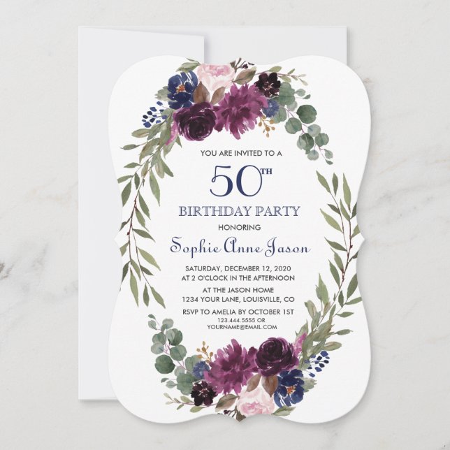 Chic Lavender Navy Blue Floral Bloom 50. Geburtsta Einladung (Vorderseite)