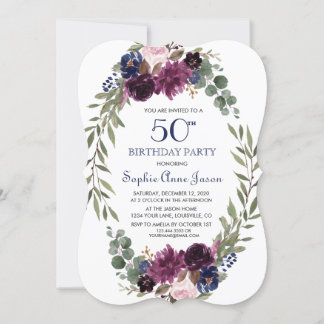 Chic Lavender Navy Blue Floral Bloom 50. Geburtsta Einladung