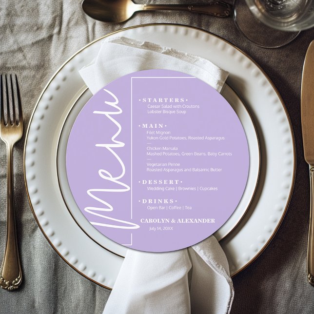Chic Lavender Round Menükarte (Chic lavender round menu with your choices in white lettering. )
