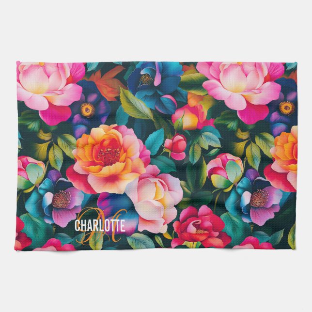 Chic lebendiges Rosenmuster Monogramm Name Geschirrtuch (Horizontal)