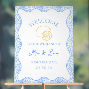 Chic Lemon Blue Tile Italienische Hochzeit Begrüßu Acrylschild