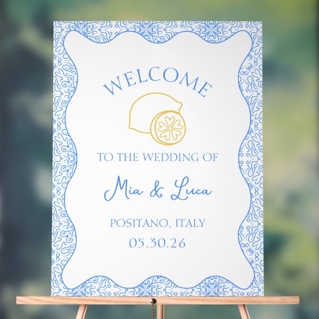 Chic Lemon Blue Tile Italienische Hochzeit Begrüßu Acrylschild (Neutral)