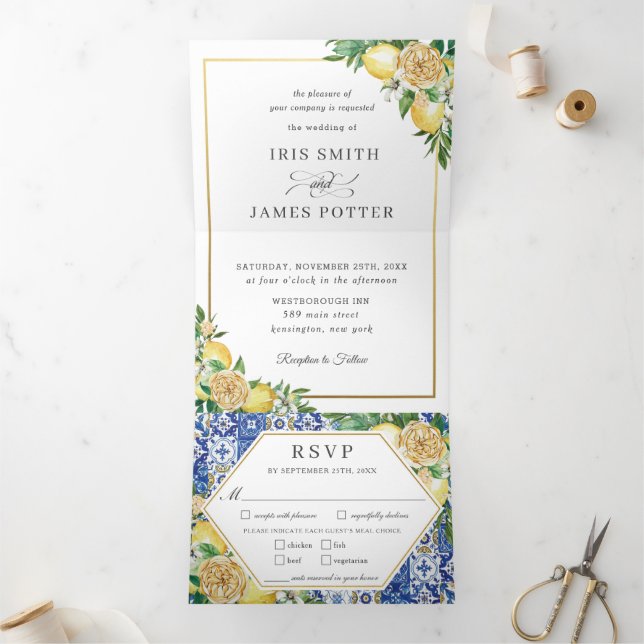 Chic Lemon Blumengrün Gold Wedding RSVP Dreifach Gefaltete Einladung (Innenseite)