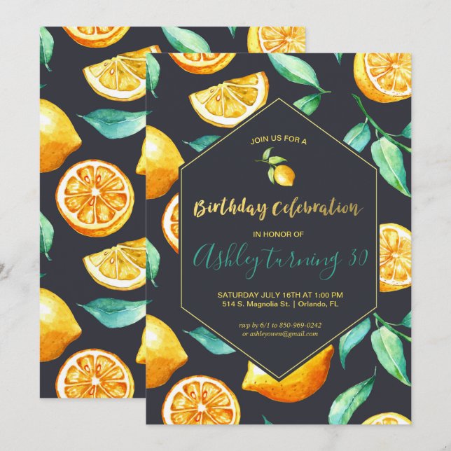 Chic Lemon Citrus Birthday Einladung (Vorne/Hinten)