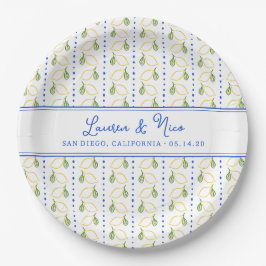 Chic Lemon Citrus Blau und Gelb Sommer Hochzeit Pappteller